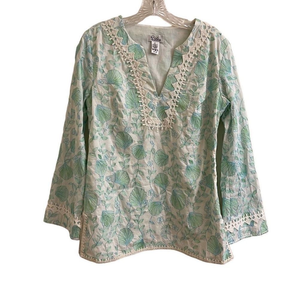 Lilly Pulitzer White Bell Sleeve Tunic Blue & Green Floral Seashell Embroidery S